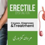 An informative graphic about erectile dysfunction. On the left, a man wearing a white shirt and jeans is sitting with his hands covering his groin area. The center has a green section with bold white and black text reading "ERECTILE DYSFUNCTION," "Causes, Diagnoses & Treatment," and the Urdu translation "مردانہ کمزوری." On the right, there's a detailed anatomical illustration of the male reproductive system.