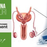 Illustration of male reproductive system with a focus on causes, diagnoses, and treatment of Mardana Kamzori. Includes anatomical diagram and a muscular figure with vascular highlights, emphasizing medical and natural solutions. Text in English and Urdu.